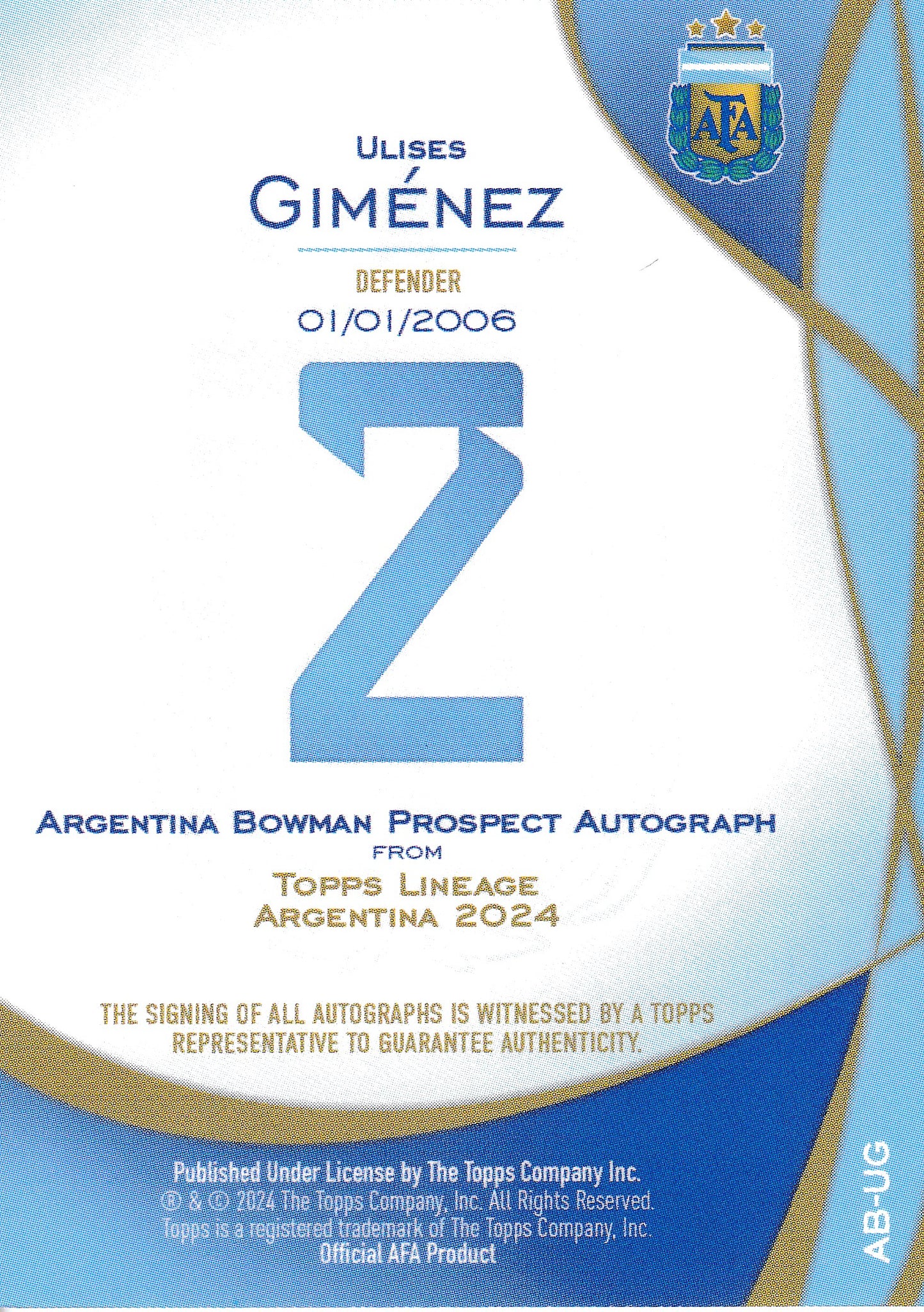 Ulises Gimenez Bowman 1st Autograph Topps Argentina Lineage 2024