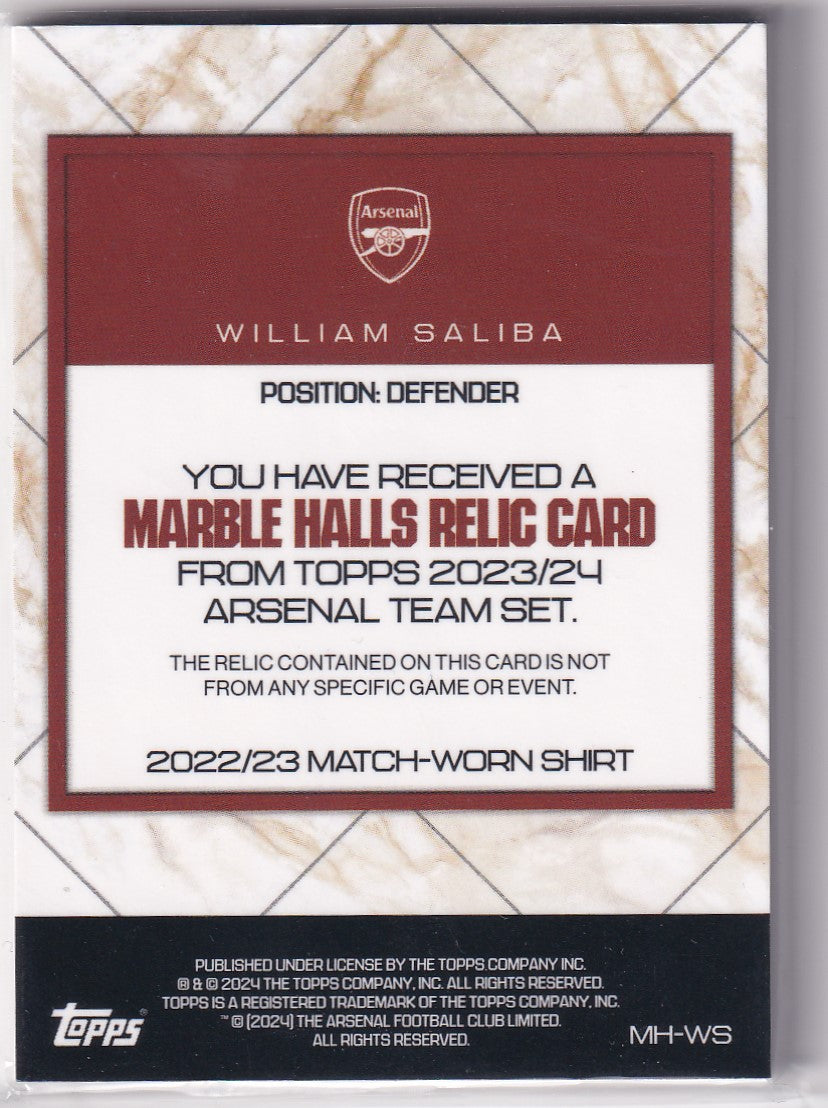 William Saliba Marble Halls Relic Match Worn Patch Card /99 Topps Arsenal Team Set 2022/23