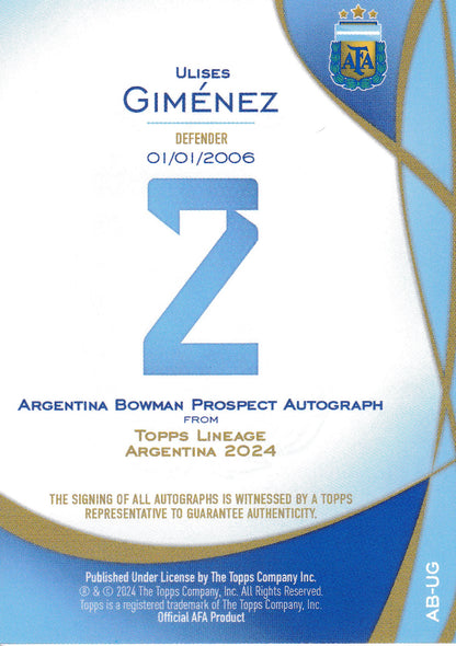 Ulises Gimenez Bowman 1st Autograph Topps Argentina Lineage 2024