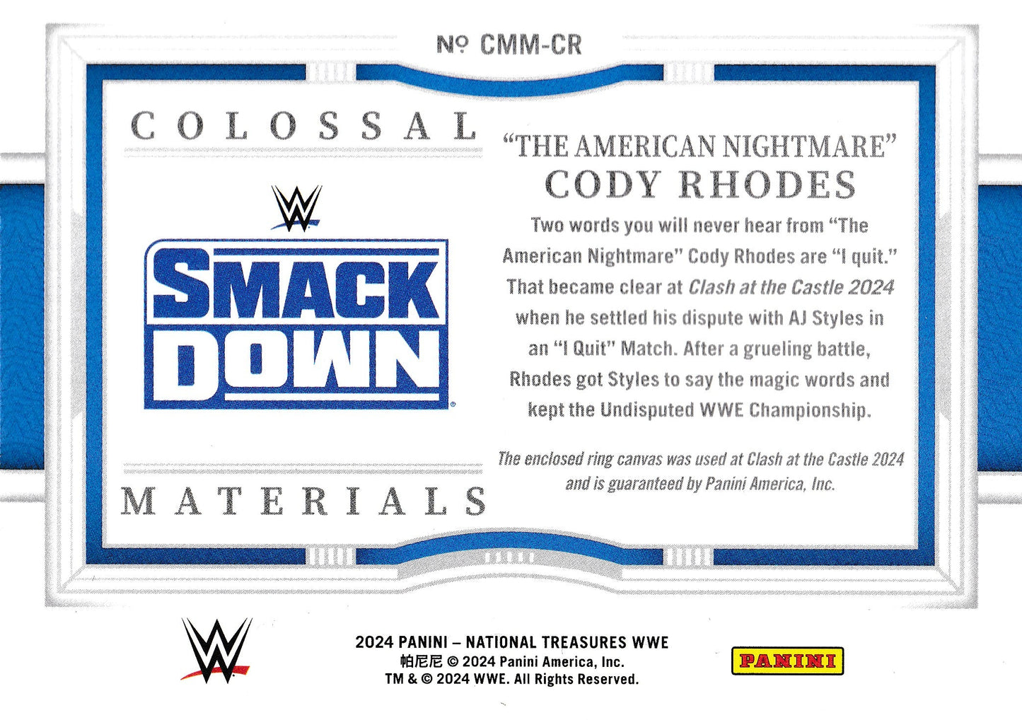 "The American Nightmare" Cody Rhodes Colossal Event used Ring Mat /5 Bookend Panini National Treasures WWE 2024