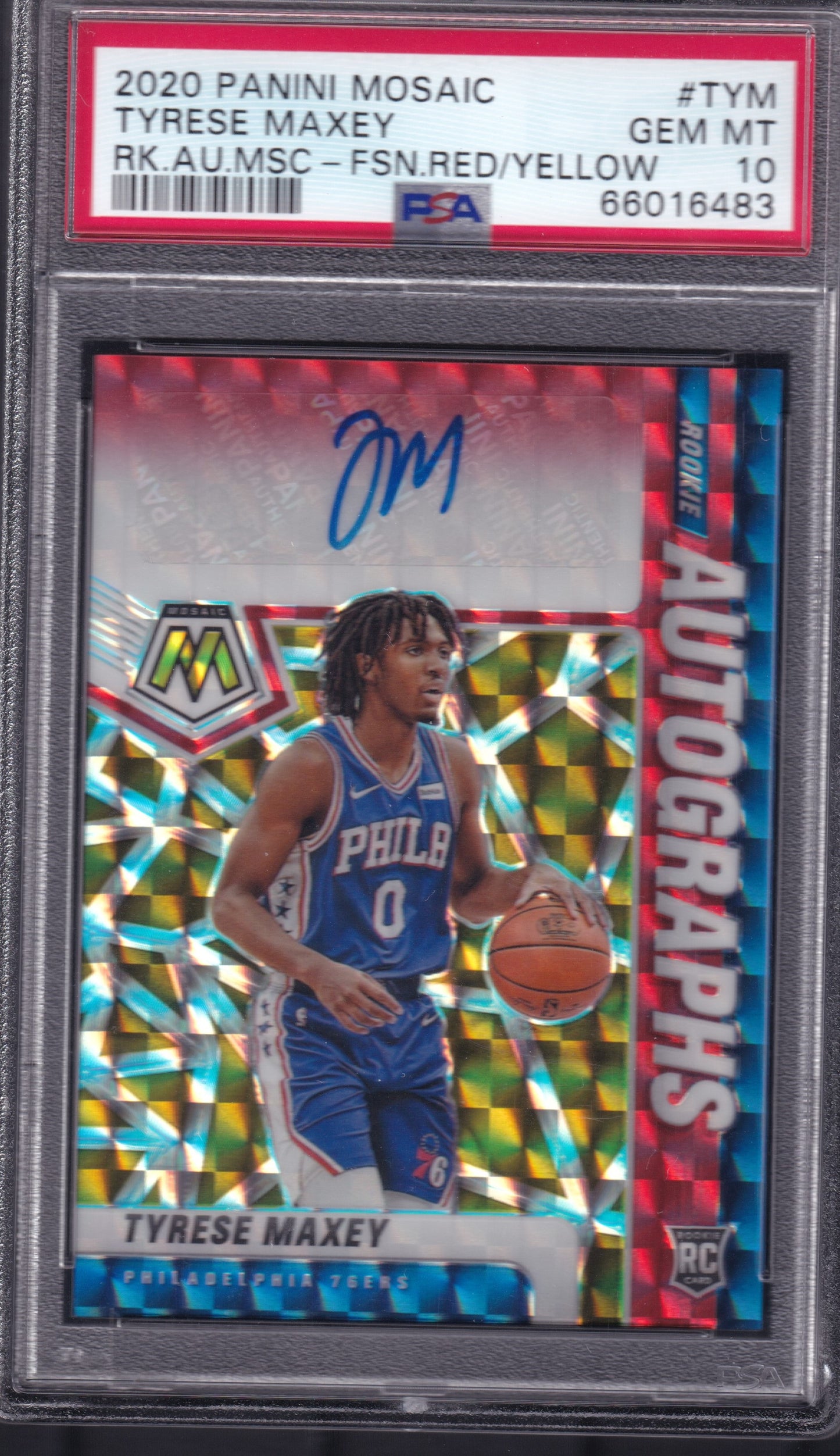 Tyrese Maxey Rookie Auto Red Yellow Panini Mosaic 20/21 PSA10