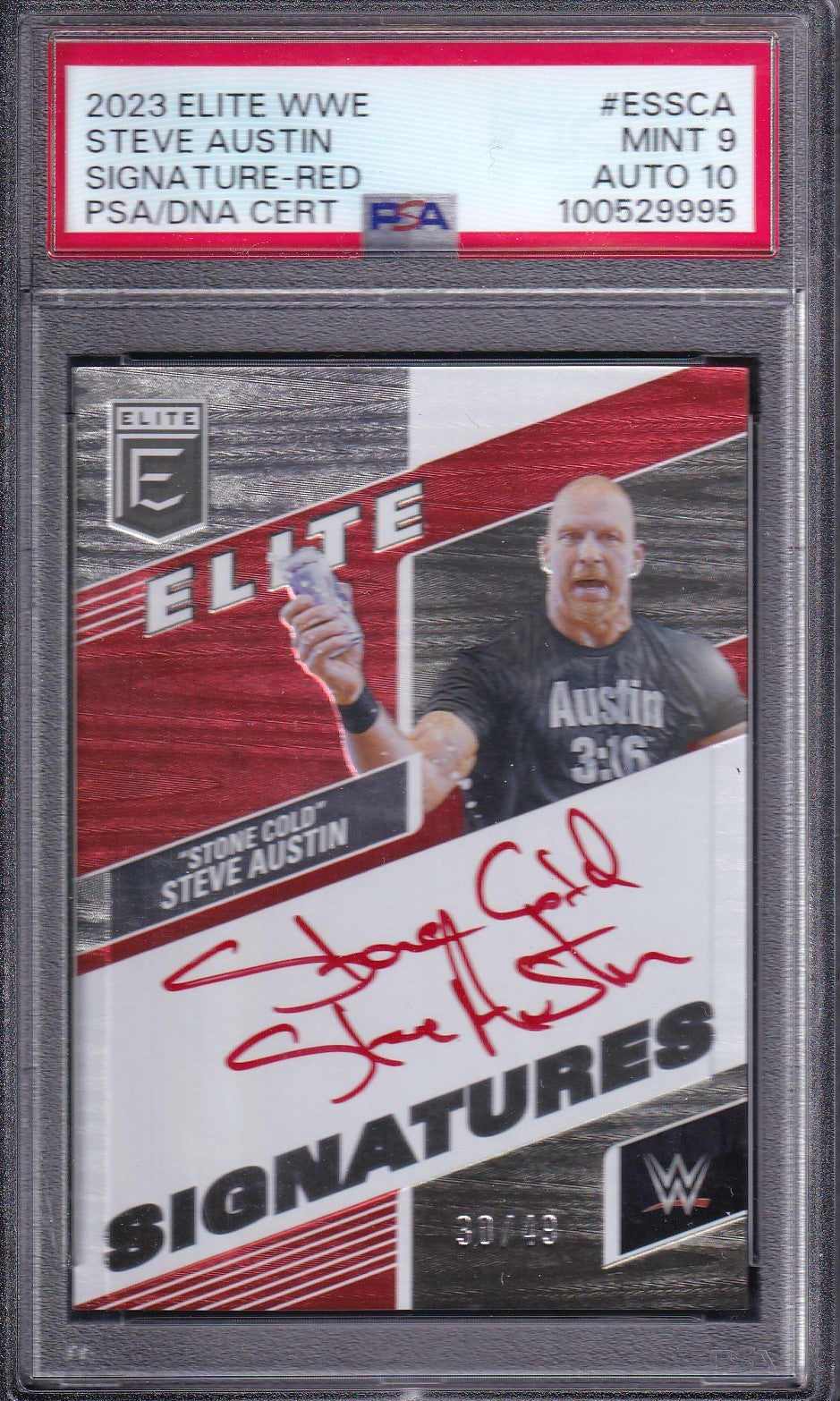 Stone Cold Steve Austin Signature Red /49 On Card Autograph Panini Donruss Elite WWE 2023 PSA 9/10